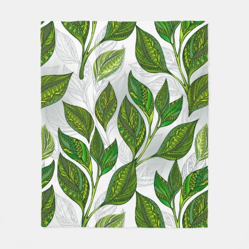 Seamless Pattern with Green Tea Leaves Fleece Blanket