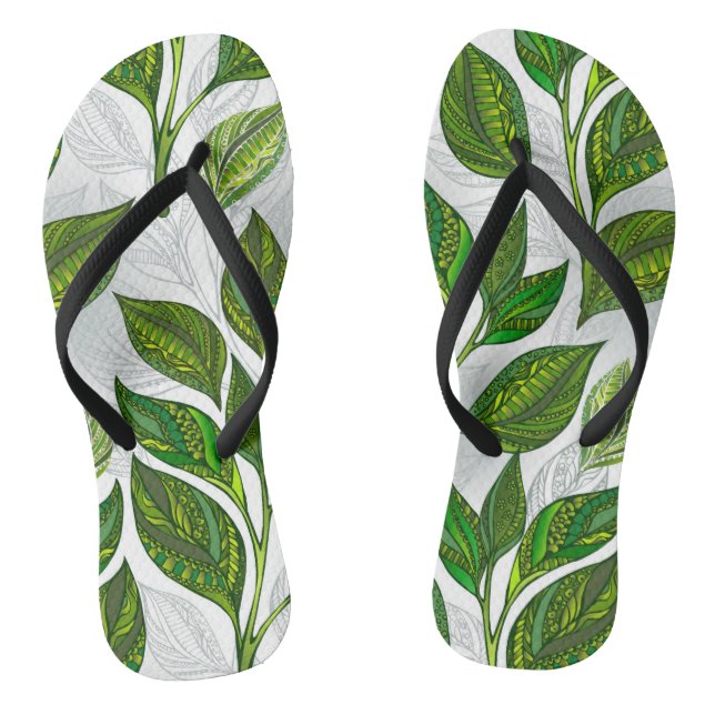 Seamless Pattern with Green Tea Leaves Flip Flops (Footbed)