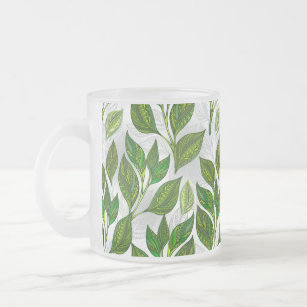 Seamless Pattern with Green Tea Leaves Frosted Glass Coffee Mug