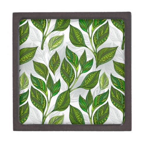 Seamless Pattern with Green Tea Leaves Gift Box