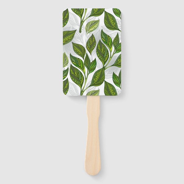 Seamless Pattern with Green Tea Leaves Hand Fan (Front)