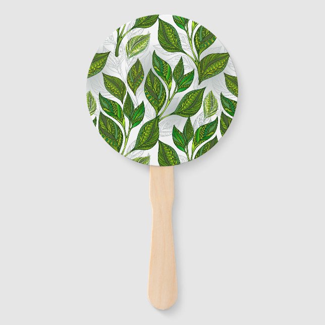 Seamless Pattern with Green Tea Leaves Hand Fan (Front)