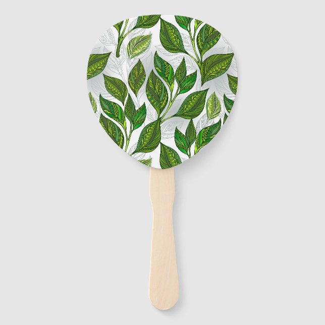 Seamless Pattern with Green Tea Leaves Hand Fan (Front)