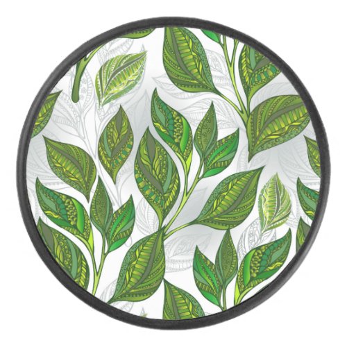 Seamless Pattern with Green Tea Leaves Hockey Puck