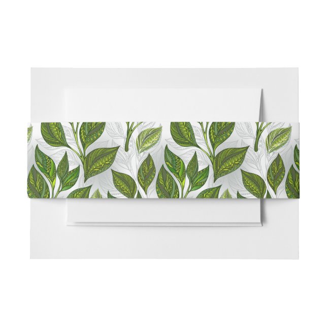Seamless Pattern with Green Tea Leaves Invitation Belly Band (Front Example)