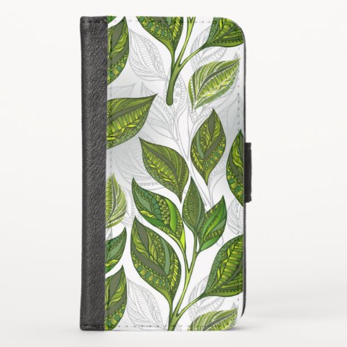 Seamless Pattern with Green Tea Leaves iPhone XS Wallet Case