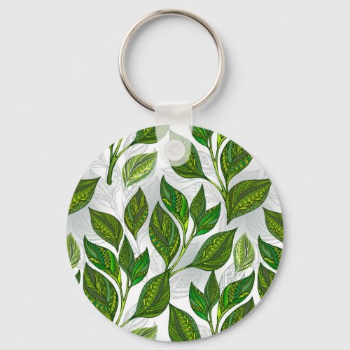Seamless Pattern with Green Tea Leaves Keychain