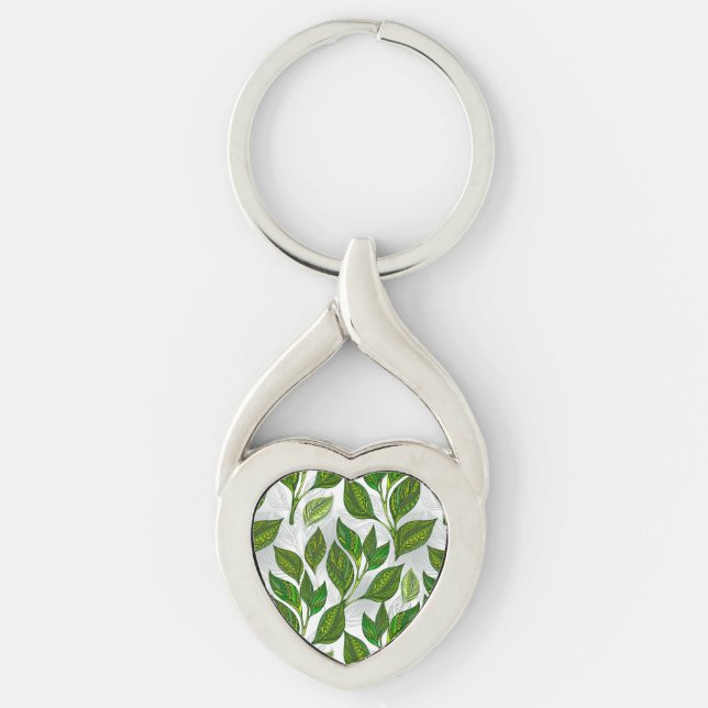 Seamless Pattern with Green Tea Leaves Keychain (Front)