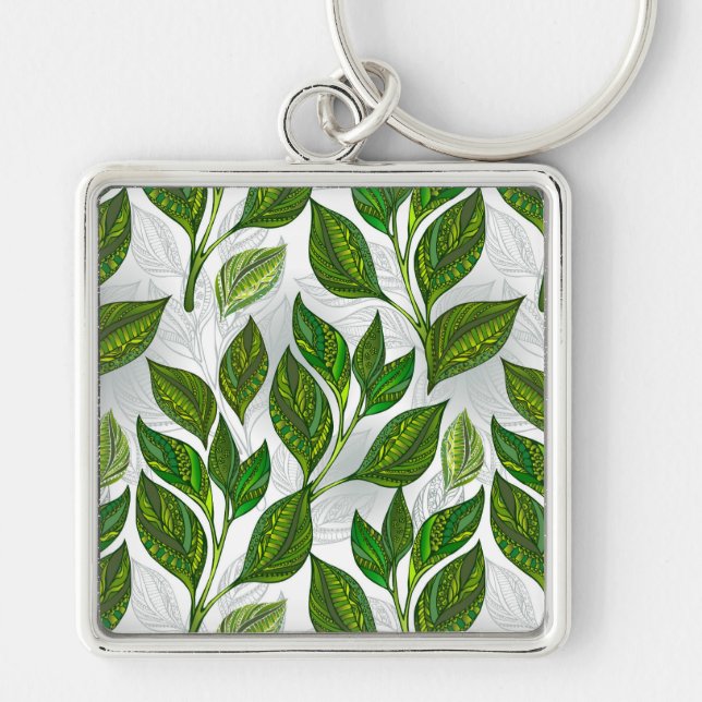 Seamless Pattern with Green Tea Leaves Keychain (Front)