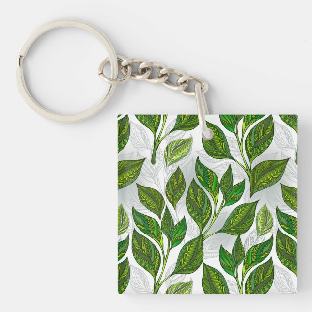 Seamless Pattern with Green Tea Leaves Keychain (Front)