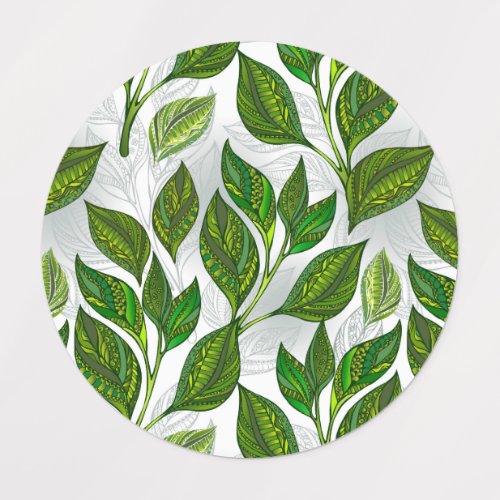 Seamless Pattern with Green Tea Leaves Kids Labels