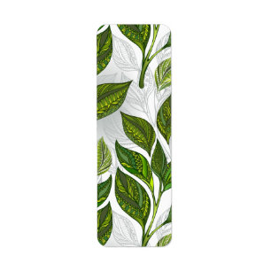 Seamless Pattern with Green Tea Leaves Label