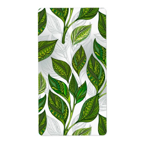 Seamless Pattern with Green Tea Leaves Label