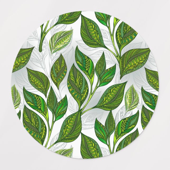 Seamless Pattern with Green Tea Leaves Labels (Design 1)