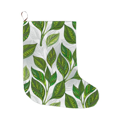 Seamless Pattern with Green Tea Leaves Large Christmas Stocking