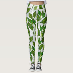 Seamless Pattern with Green Tea Leaves Leggings