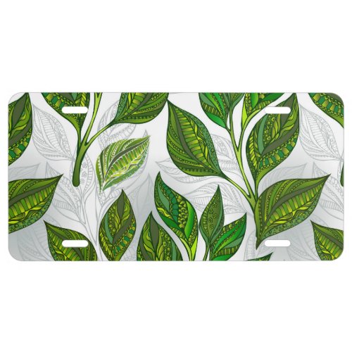Seamless Pattern with Green Tea Leaves License Plate