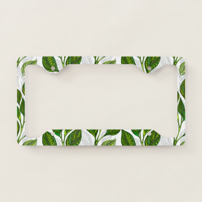 Seamless Pattern with Green Tea Leaves License Plate Frame (Front)
