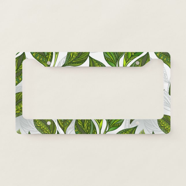 Seamless Pattern with Green Tea Leaves License Plate Frame (Front)
