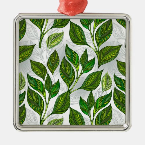 Seamless Pattern with Green Tea Leaves Metal Ornament