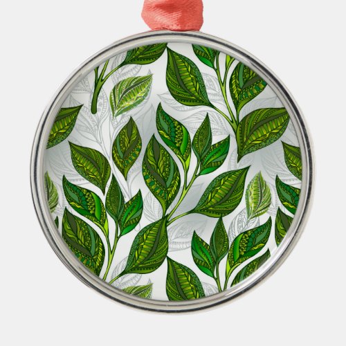 Seamless Pattern with Green Tea Leaves Metal Ornament