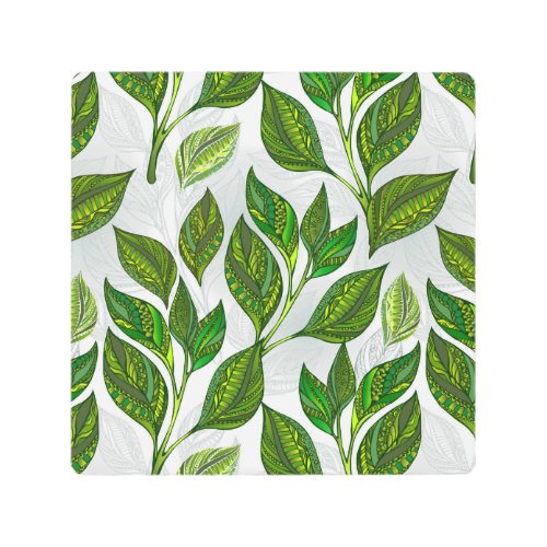 Seamless Pattern with Green Tea Leaves Metal Print