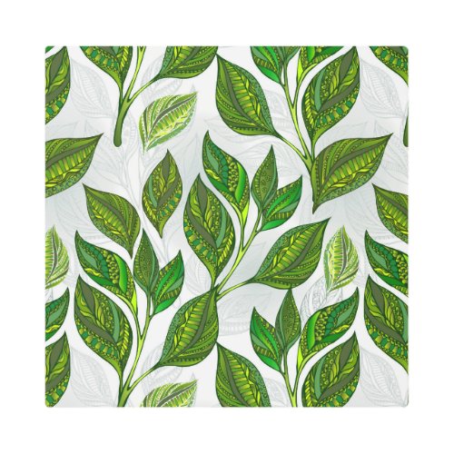 Seamless Pattern with Green Tea Leaves Metal Print