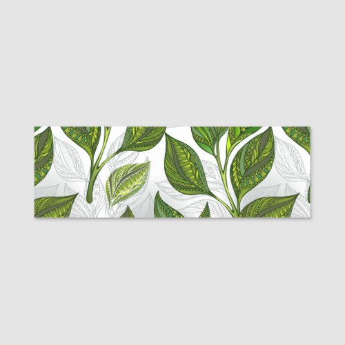 Seamless Pattern with Green Tea Leaves Name Tag