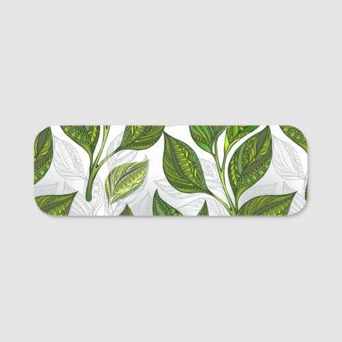 Seamless Pattern with Green Tea Leaves Name Tag