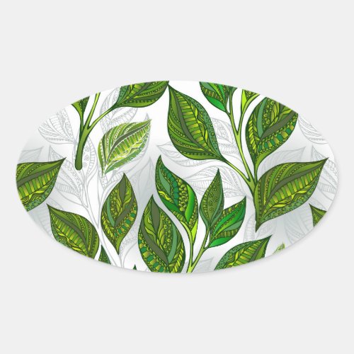 Seamless Pattern with Green Tea Leaves Oval Sticker