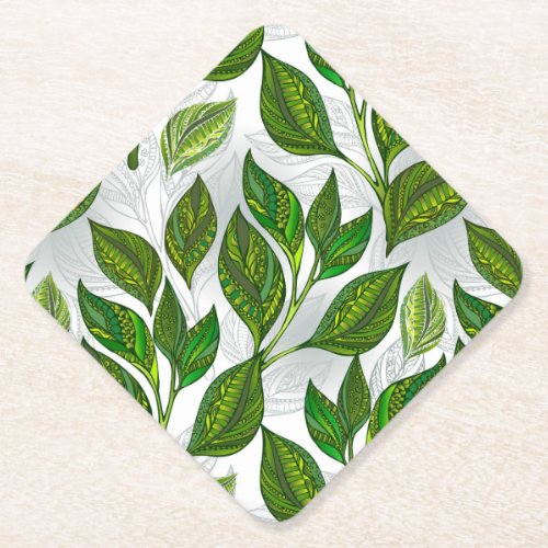 Seamless Pattern with Green Tea Leaves Paper Coaster