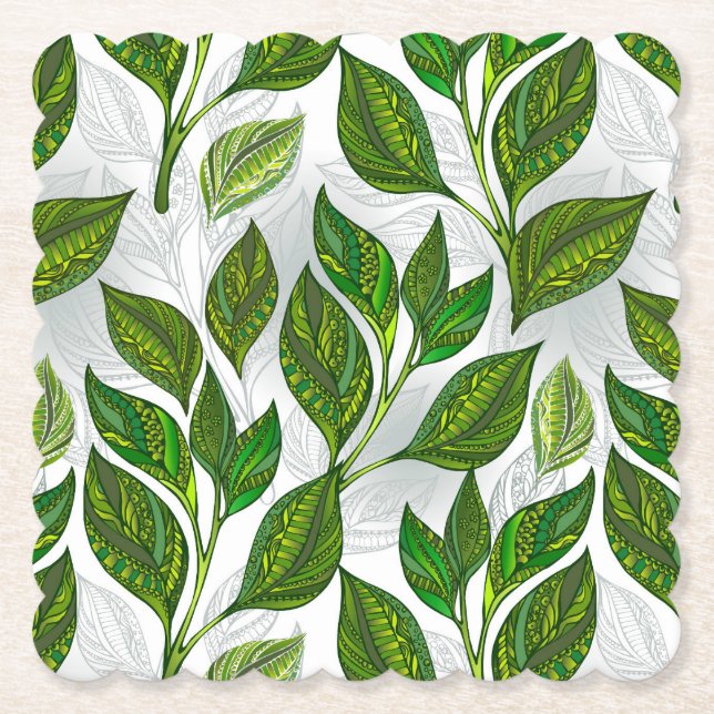 Seamless Pattern with Green Tea Leaves Paper Coaster (Front)