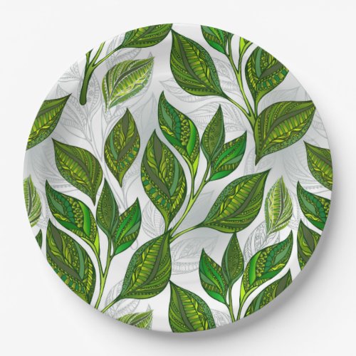 Seamless Pattern with Green Tea Leaves Paper Plates