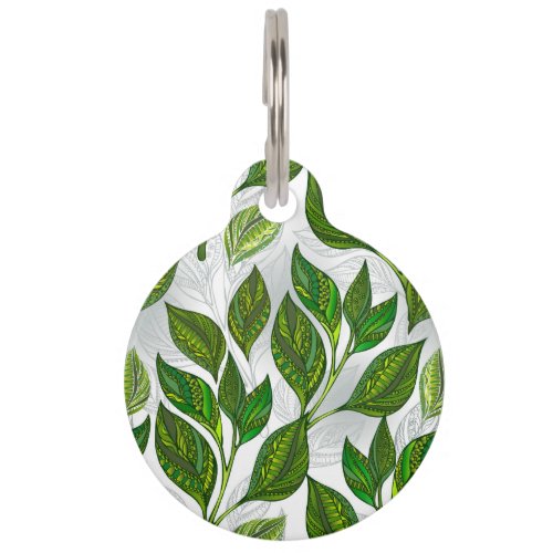 Seamless Pattern with Green Tea Leaves Pet ID Tag