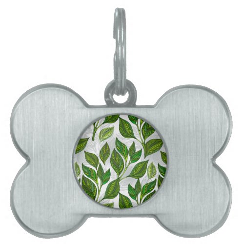 Seamless Pattern with Green Tea Leaves Pet ID Tag
