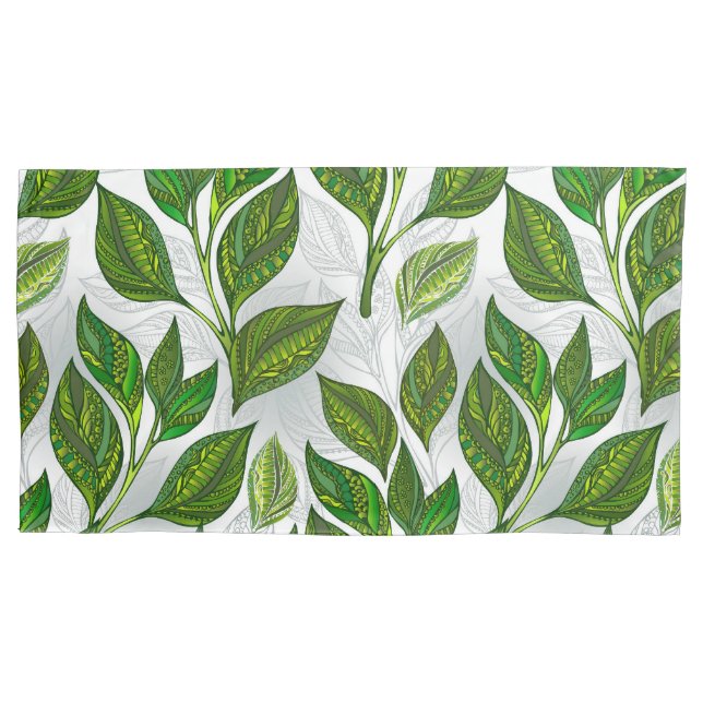 Seamless Pattern with Green Tea Leaves Pillow Case (Front-Left)