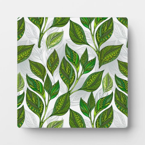 Seamless Pattern with Green Tea Leaves Plaque