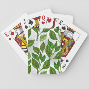 Seamless Pattern with Green Tea Leaves Playing Cards