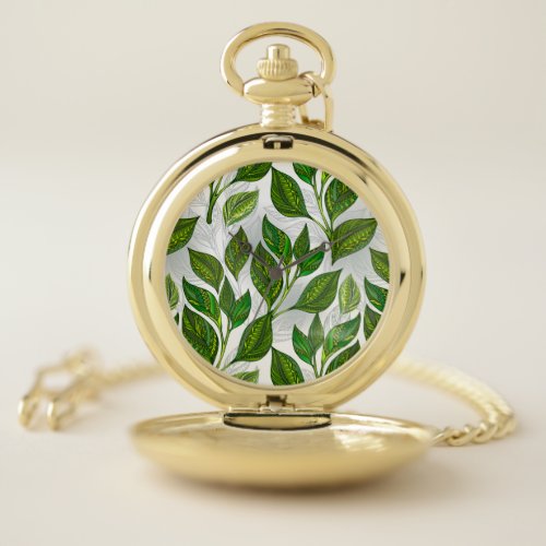 Seamless Pattern with Green Tea Leaves Pocket Watch