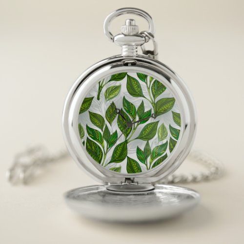 Seamless Pattern with Green Tea Leaves Pocket Watch