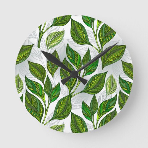 Seamless Pattern with Green Tea Leaves Round Clock