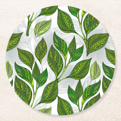 Seamless Pattern with Green Tea Leaves Round Paper Coaster