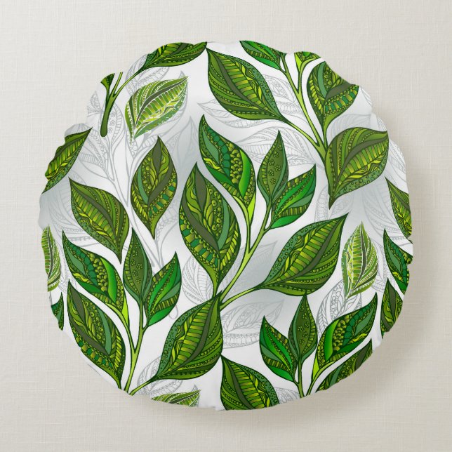 Seamless Pattern with Green Tea Leaves Round Pillow (Front)
