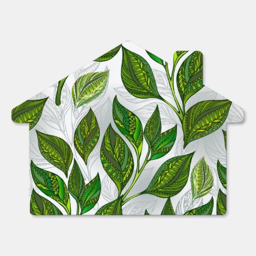 Seamless Pattern with Green Tea Leaves Sign