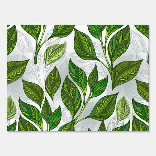 Seamless Pattern with Green Tea Leaves Sign