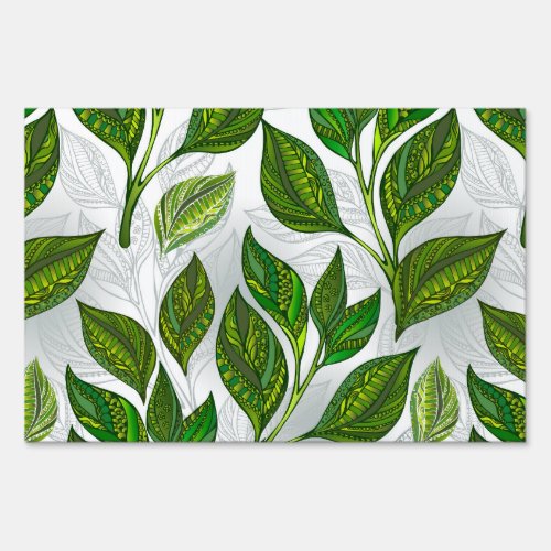 Seamless Pattern with Green Tea Leaves Sign