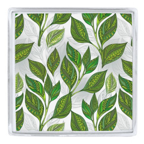 Seamless Pattern with Green Tea Leaves Silver Finish Lapel Pin