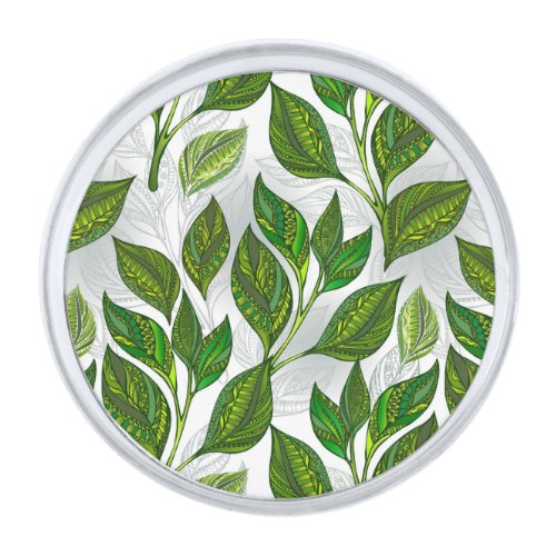 Seamless Pattern with Green Tea Leaves Silver Finish Lapel Pin