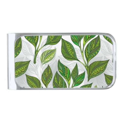 Seamless Pattern with Green Tea Leaves Silver Finish Money Clip