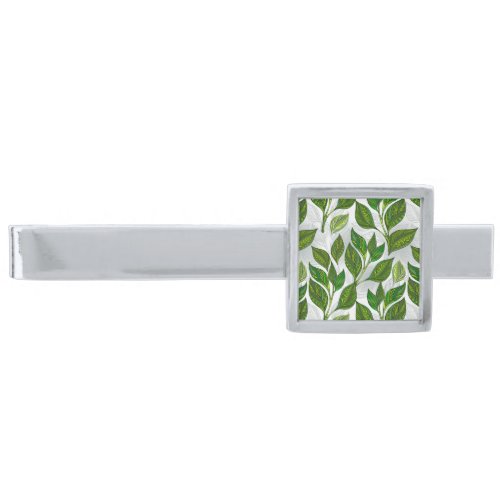 Seamless Pattern with Green Tea Leaves Silver Finish Tie Bar